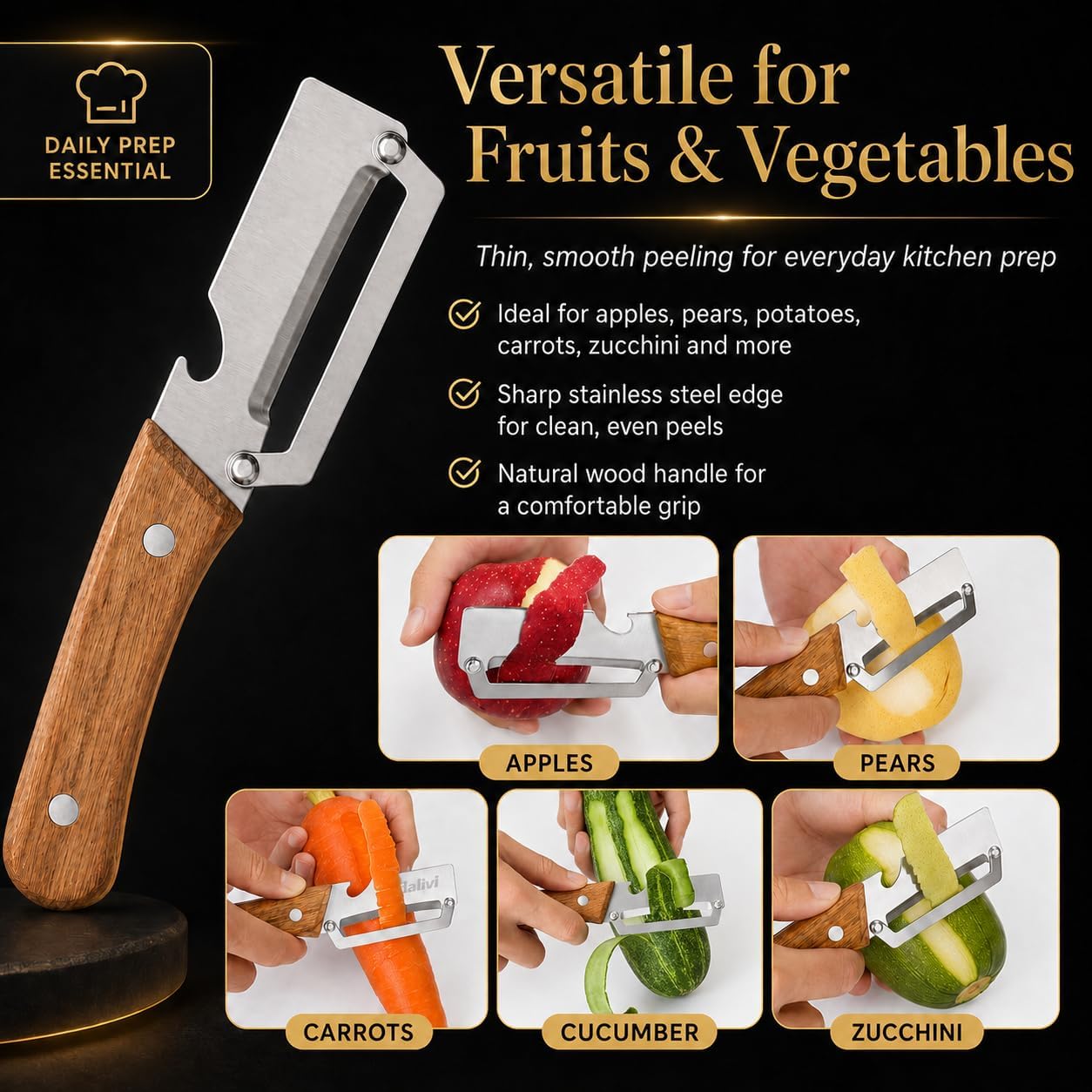 2-in-1 Multifunctional Vegetable Peeler, Wooden Handle & Bottle Opener Stainless Steel Potato Peeler, Kitchen Peeler for Fruits and veggies (Left Hand Version)