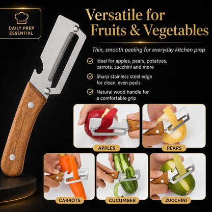 2-in-1 Multifunctional Vegetable Peeler, Wooden Handle & Bottle Opener Stainless Steel Potato Peeler, Kitchen Peeler for Fruits and veggies (Left Hand Version)