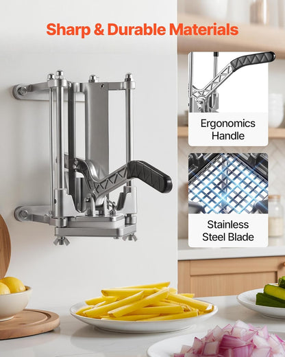VEVOR French Fry Cutter, Commercial Vegetable Chopper with 4 Blades - 1/4", 3/8", 6-Wedge Slicer & Apple Corer - Wall Mount Stainless Steel Potato Cutter, for Home & Restaurant Use