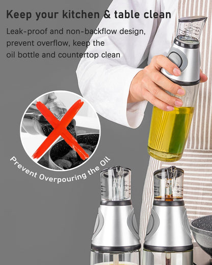 Oil Dispenser Bottle, 17oz Olive Oil Dispenser Oil Sprayer, Clear Glass Refillable Oil and Vinegar Dispenser Bottle with Measuring Scale Pump for Kitchen, Cooking, Salads, Baking Frying