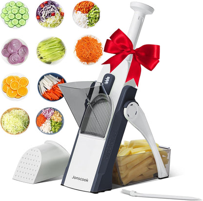 Safe Mandoline Slicer for Kitchen, Adjustable Thickness 0.1-8 mm, 5 in 1 Multi Vegetable Chopper, Potato Slicer, Food Chopper French Fry Cutte, Paring Knife/Cleaning Brush, Mandolin (BlackKnight)