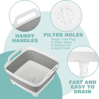 Tiawudi Dishpan for Washing Dishes, 2.4Gal/9L Wash Basin with Draining Plug Carry Handles, Collapsible Bucket for Cleaning, Portable Sink, Foldable Plastic Tub, 1PC