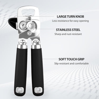 Safring Can Opener Manual, Heavy Duty Stainless Steel Smooth Edge Can Openers With Soft Touch Handle, Oversized Handheld Easy Turn Knob, Multi-Function Bottle Opener, Black