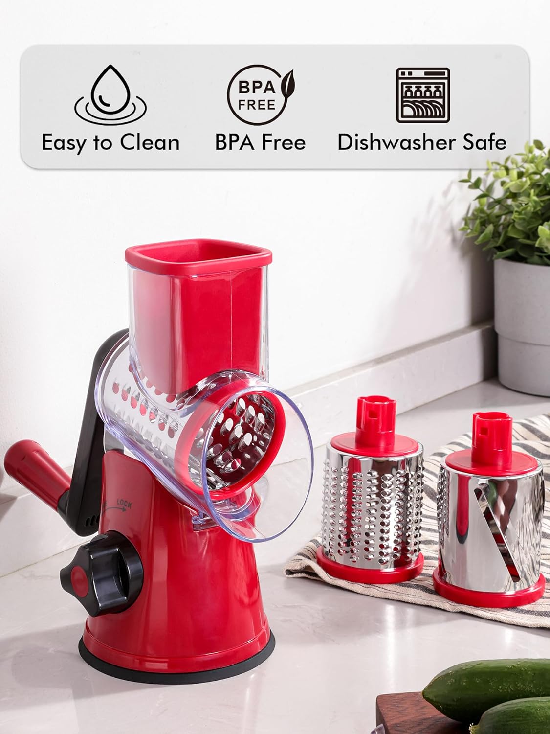 Rotary Cheese Grater with Handle - 3 in 1 Cheese Shredder Rotary Grater Stainless Steel Handheld, Vegetable Slicer for Fruit, Cheese, Nuts(Red)