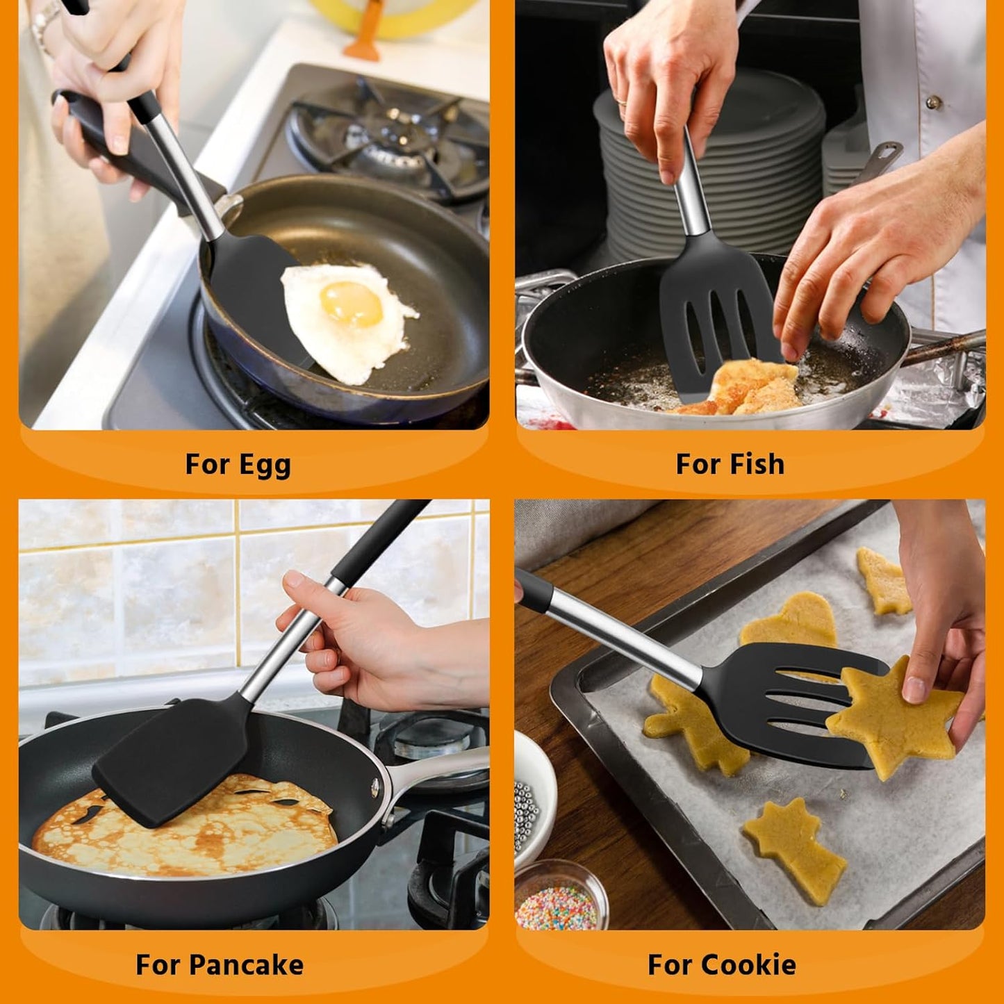 E-far Cooking Utensils Set of 4, Silicone Kitchen Utensils for Non-stick Cookware, Heat Resistant & Non-toxic Slotted Spatula Solid Spoon Turner for Flipping Mixing Serving Basting(Black)