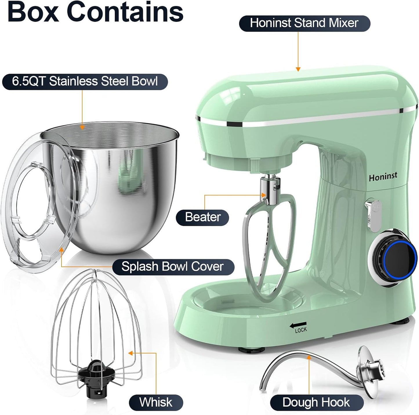 Honinst Stand Mixer, 6.5QT 10-Speed Tilt-Head Electric Stand Mixer, 3-In-1 Kitchen Mixer with Bowl, Dough Hook, Whisk and Beater, Food Mixer for Baking, Cake and Most Home Cooks, Black