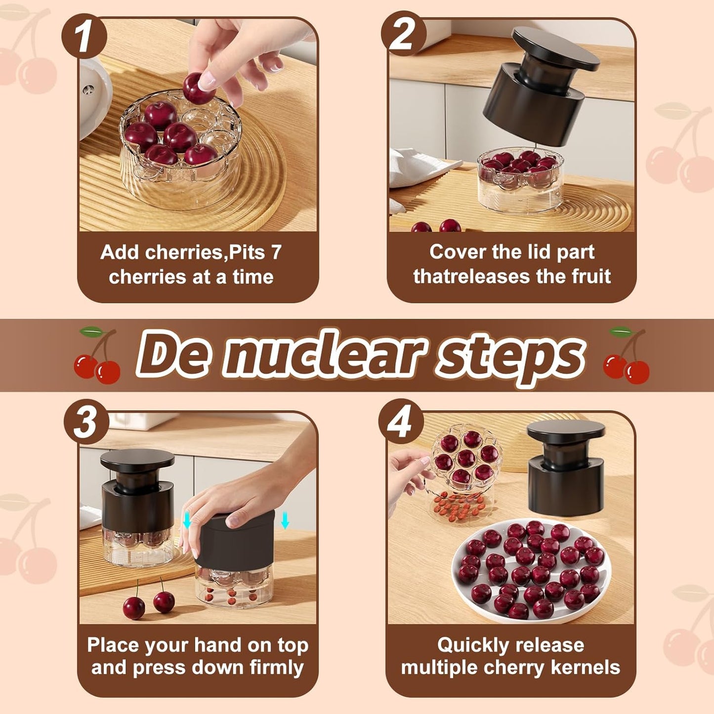 Cherry Pitter - Quick Release Multi Cherries Stoner Pitter 7-in-1, Push Button Cherr'y Core Pit'ter Tool Multiple with Splatter Protector, Pit Seed Remover for Making Jam Cherry Dishes (Red-7 Holes)