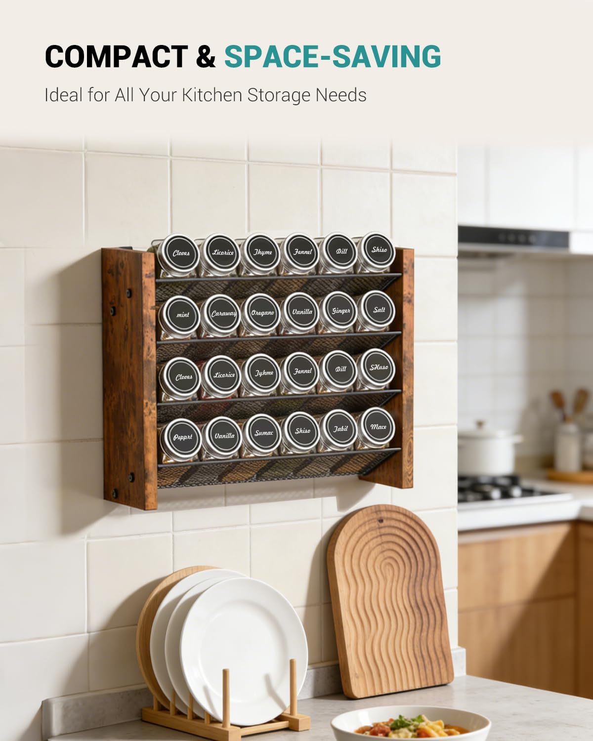 NESAPTO Spice Rack Organizer for Cabinet, Wood 4-Tier Vertical Seasoning Organizer, Wall Mount or Countertop Spice Shelf, Holds 28 Jars (No Jars Included), 14" W x 9.4" H