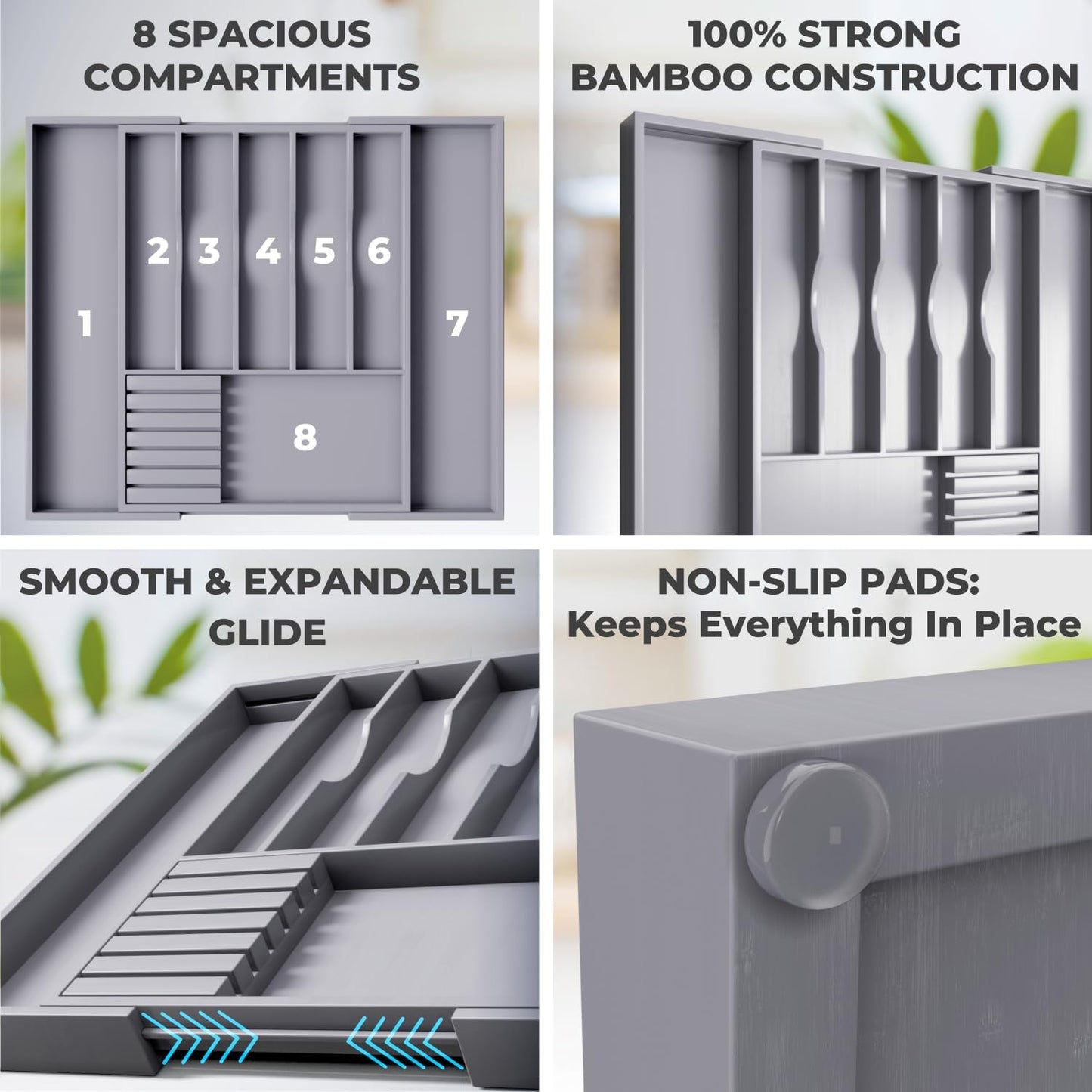 Premium Expandable Kitchen Drawer Organizer - 100% Bamboo Organizer Tray - Great for Silverware, Large Utensils, Flatware, Cutlery - 8 Compartments with Knife Block - Perfectly Fits Your Drawers