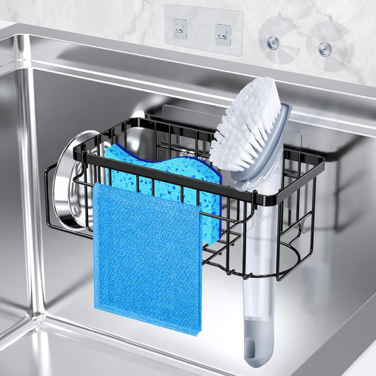 StorageRight 4-in-1 Sponge Holder for Kitchen Sink, Sink Caddy Organizers and Storage with Adhesive Hook & Suction Cups, Rustproof Kitchen Sink Organizer for Home Decor - Silver