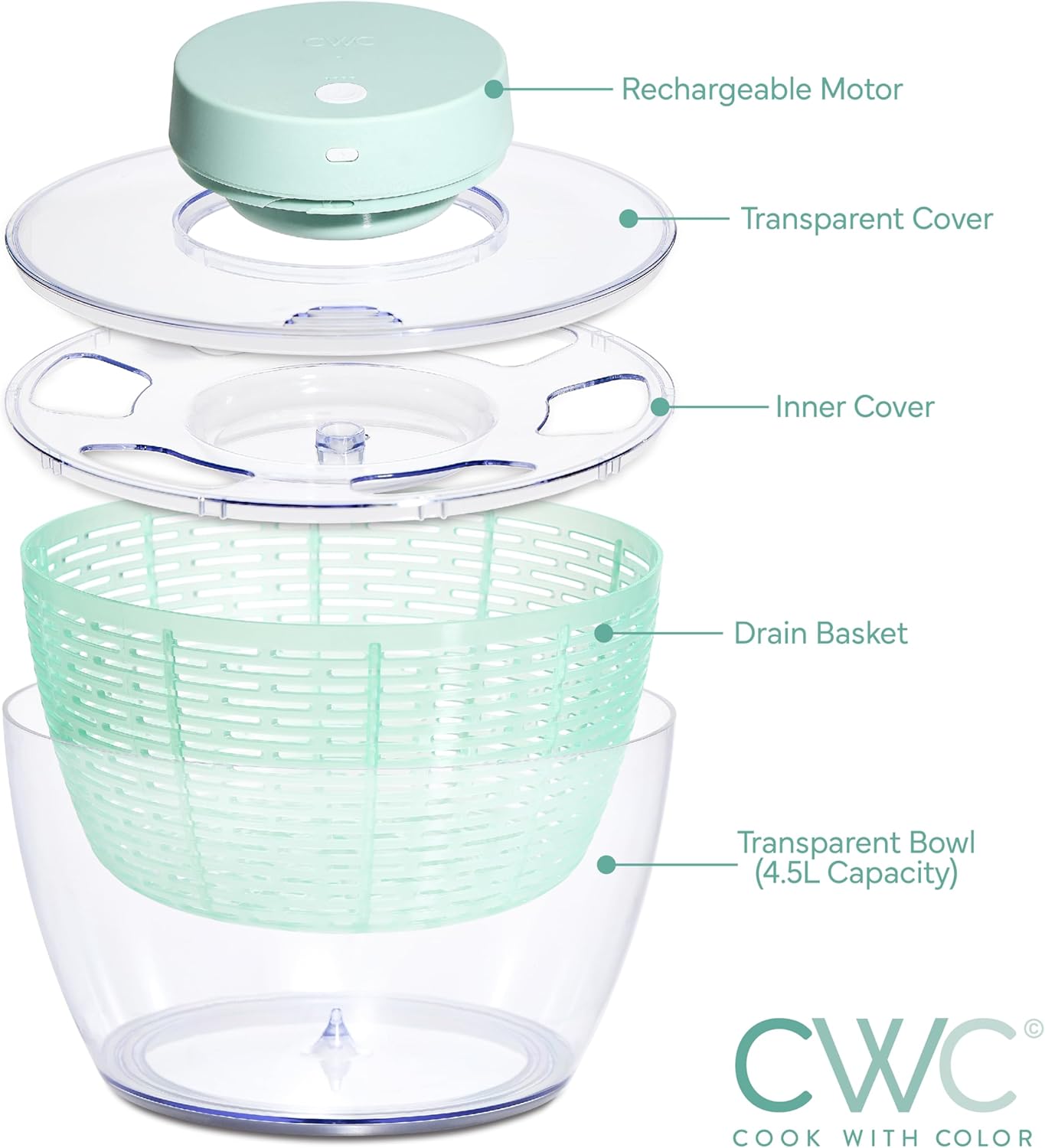 COOK WITH COLOR Electric Salad Spinner, Round 4.5L Capacity – Fast Drying & Easy Spin for Fresh Greens, Cream