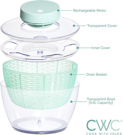 COOK WITH COLOR Electric Salad Spinner, Round 4.5L Capacity – Fast Drying & Easy Spin for Fresh Greens, Cream