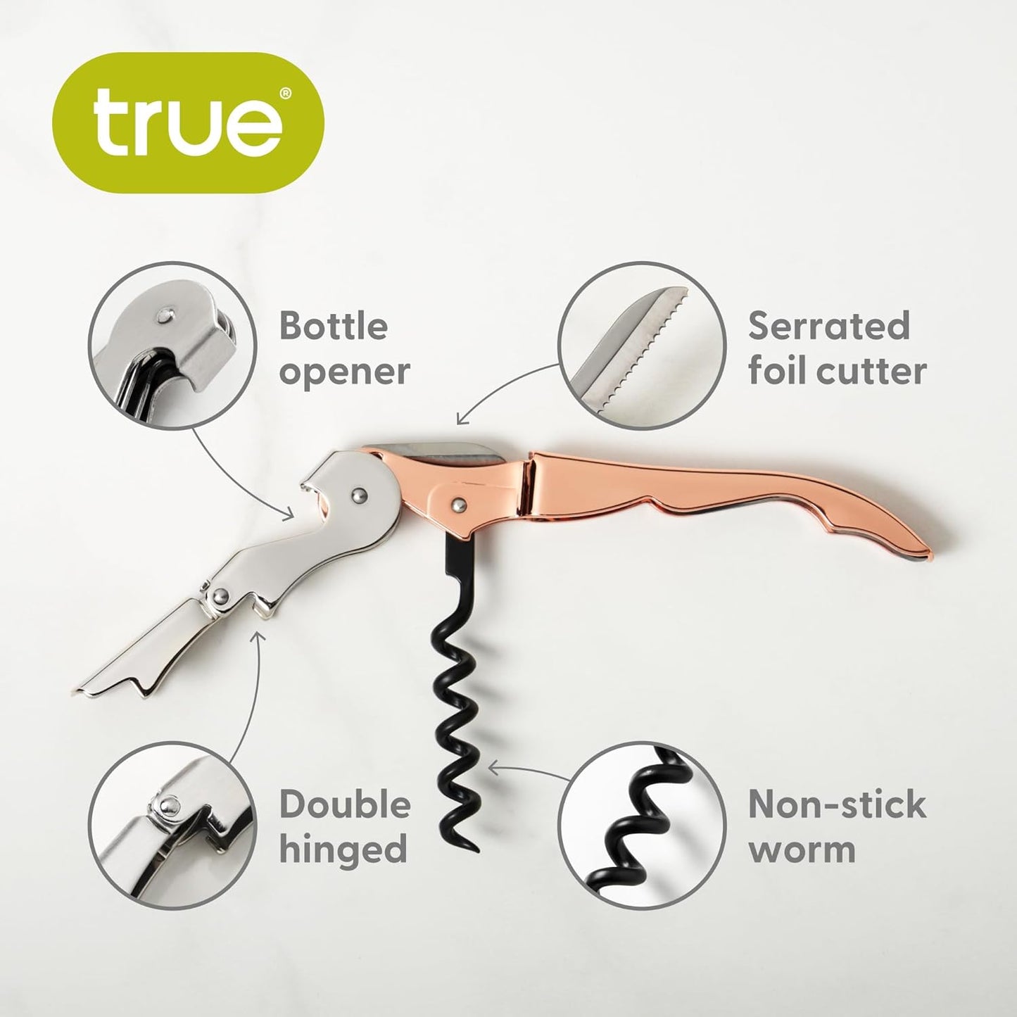 True Truetap Double Hinged Waiter's Corkscrew Wine Opener, Stainless Steel Wine Bottle Opener with Built In Foil Cutter, Home Bar Tools, Bar Cart Accessories, Wedding Gifts, Set of 1, Black