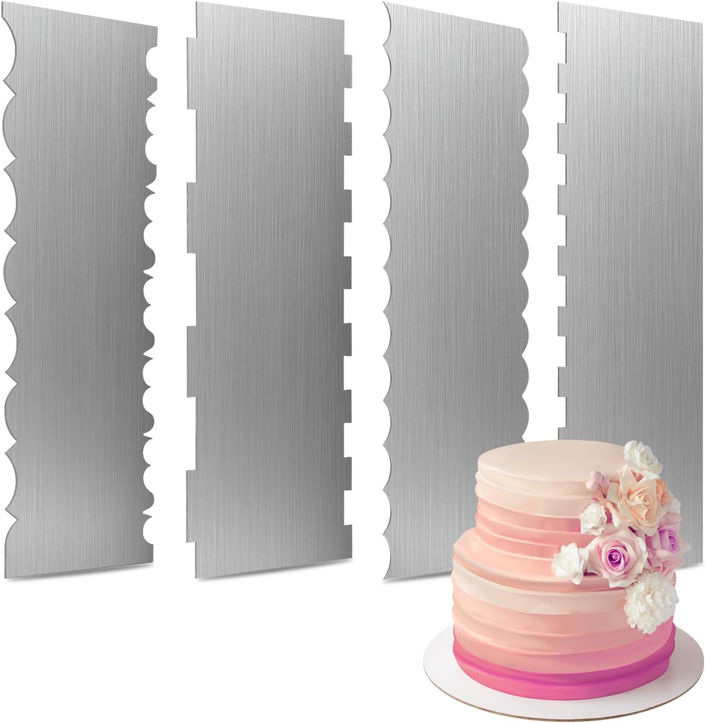 2 Pcs Stainless Steel Cake Scraper, 8.6-inch Double Sided Patterned Edge Stripe Edge Smoother Scraper, Cake Decorating Comb Metal Cake Scraper for Butter Mousse Cream Decoration