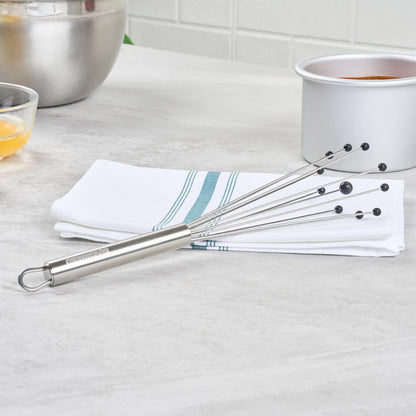 Restaurantware 10.5 in Stainless Steel Ball Whisk - German Standard Egg Beater with Ergonomic Handle, Dishwasher Safe - Manual Mixer Cooking Whisk for Baking, Stirring, Sauces, Beating