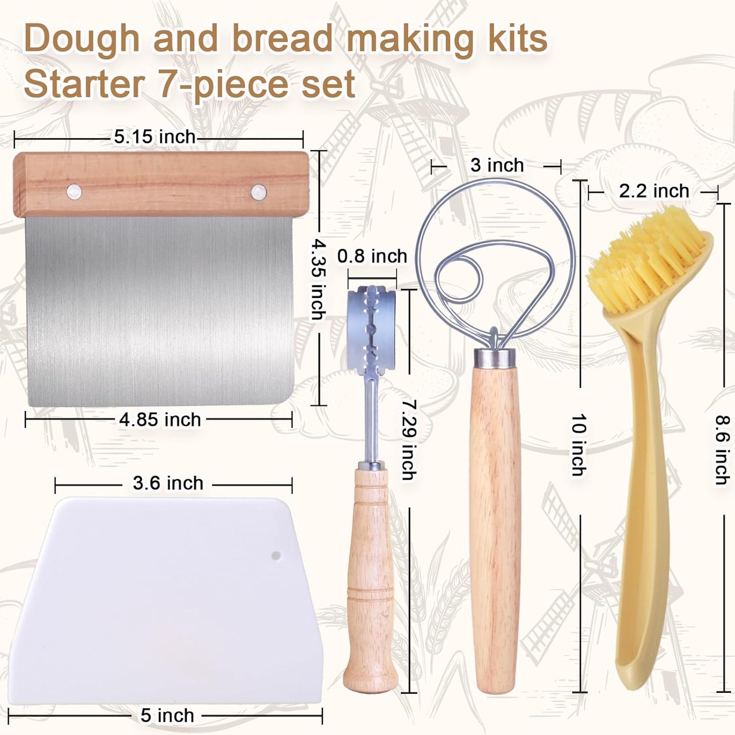 Bread Making Tools and Supplies, Set of 7, inclued Round Baking Mat and Oval Baking Mat, Sourdough Danish Dough Whisk, Bread Lame Dough Scoring, Bread Scraper Dough Cutter, Perfects Gift for Baker