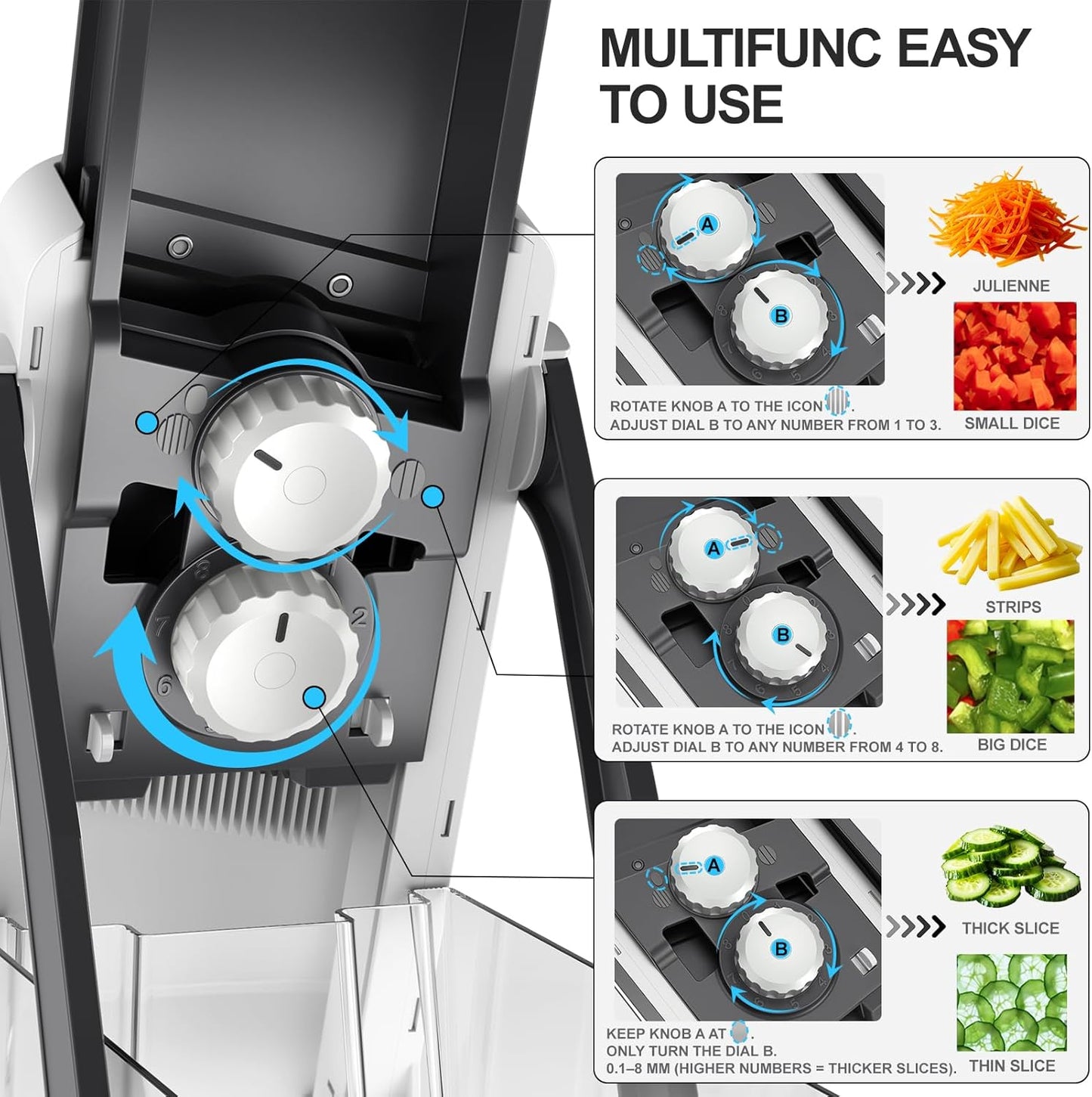 Safe Mandoline Slicer for Kitchen, 6 in 1 Vegetable Chopper, French Fry Cutter For Potatoes, Potato Slicer,Food Chopper,Adjustable Thickness 0.1-8 mm, With Peeler/Cleaning Brush (Black)