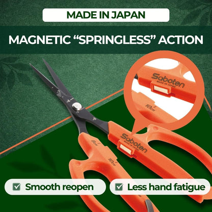 Saboten 6.3" Japanese Harvesting Shears, Magnetic Springless Assist, Fine-Tip Angled Blade, Fluorine-Coated Stainless Steel, Ergonomic Non-Slip Grip, Safety Lock, Made in Japan
