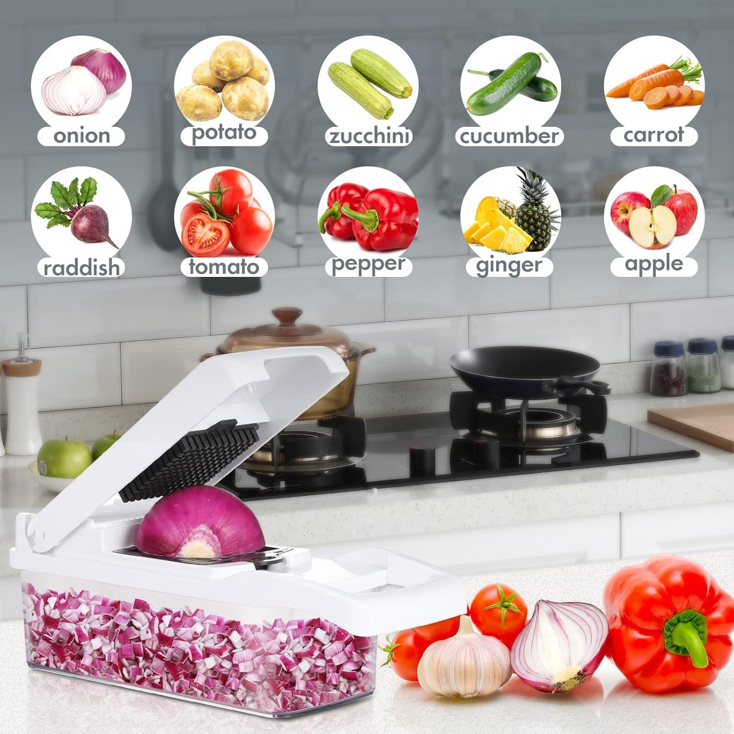 Ourokhome Vegetable Chopper Onion Cutter, 14 in 1 Professional Mandolin Slicer for Kitchen, Multifunctional Food Chopper for Potato, Tomato, Veggie with Strainer Basket, 10 Blades, Gray
