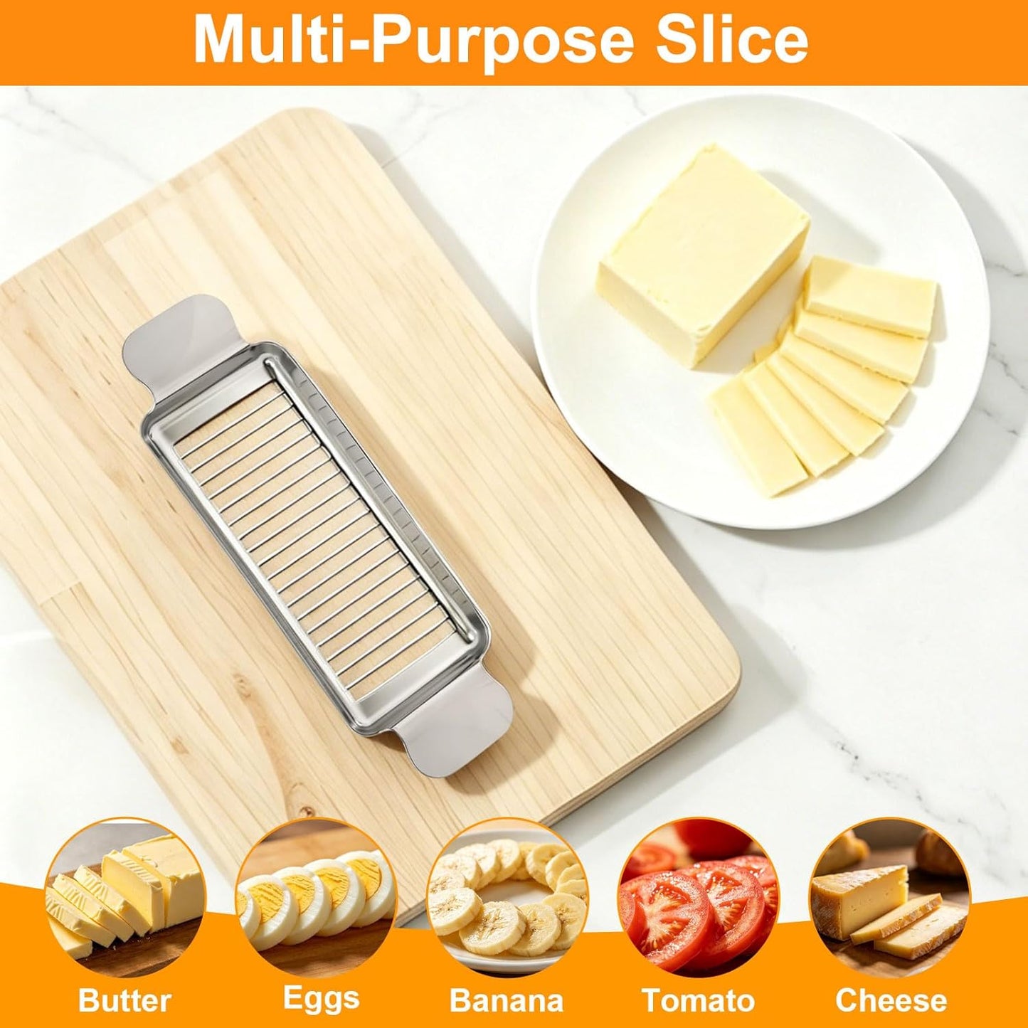 Upgraded Cheese Slicer, 304 Stainless Steel Butter Cutter with Rectangular Base for Block Cheese, Butter and Soft Foods, Dishwasher Safe