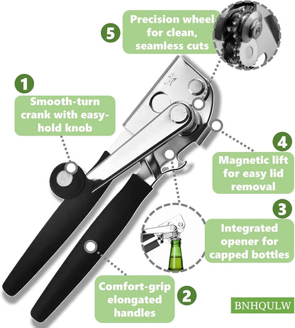 Commercial Can Opener Heavy Duty, Hand Can Opener Manual, Stainless Steel for Restaurant and Home, Black Swing Grips,for Most Bulk Size Cans.