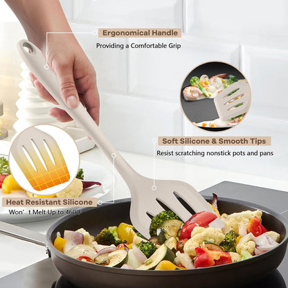 TeamFar Silicone Cooking Utensils, 10 pcs Kitchen Cooking Utensils Set, 446°F Heat Resistant Kitchen Gadgets Tools Set w/Spatula, Turners, Spoons, Soup Ladle, Pasta Server for Nonstick Cookware, Black