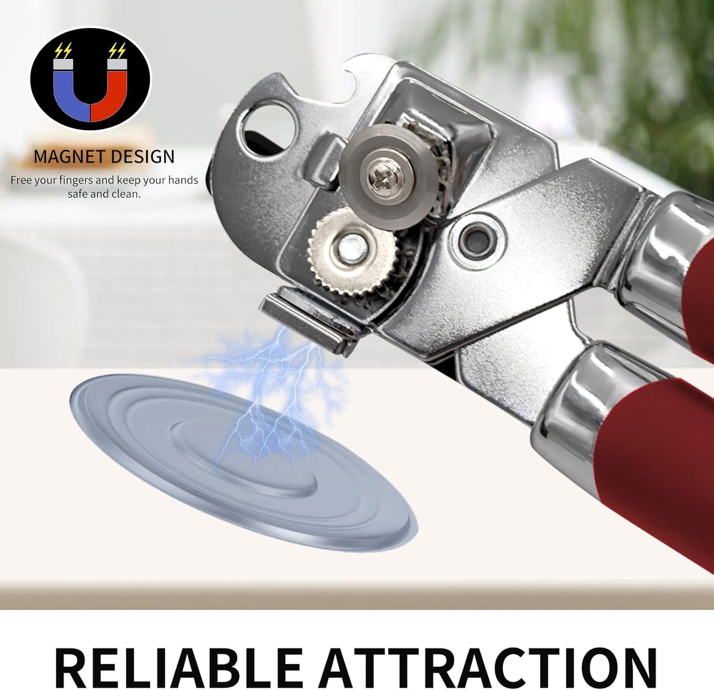 Safring Can Opener Manual with Magnet, Stainless Steel Handheld Heavy Duty Can Opener, Sharp Blade Smooth Edge, Comfortable Handle, Can Openers with Multifunctional Bottle Opener, Red