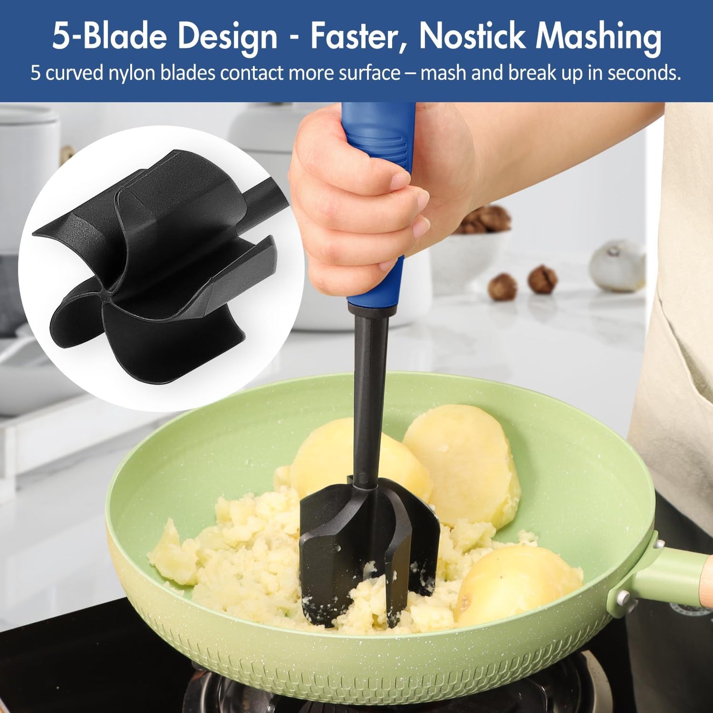Ourokhome Meat Chopper and Potato Masher, Heat Resistant Nylon Ground Beef Smasher for Hamburger, 5 Curved Blades Nonstick Mixer & Stirrer, Practical Kitchen Gadgets, Black