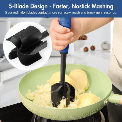 Ourokhome Meat Chopper and Potato Masher, Heat Resistant Nylon Ground Beef Smasher for Hamburger, 5 Curved Blades Nonstick Mixer & Stirrer, Practical Kitchen Gadgets, Black