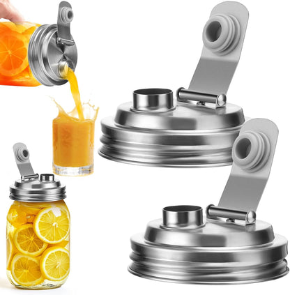 Mason Jar Pour Spout Lid Stainless Steel with Handle, Wide Mouth Pour Spout Flip Cap Lids for Mason Jars, Anticracking Leak Proof Seal Cover Airtight for Drinking Salad Dressing & Food Storing(2PCS)