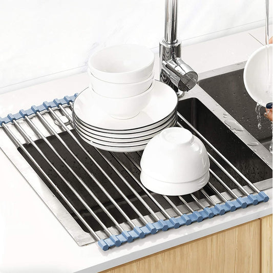 MECHEER Over The Sink Dish Drying Rack, Roll Up Dish Drying Rack Kitchen Dish Rack Stainless Steel Sink Drying Rack, Foldable Dish Drainer, Gray (20.4''x13.7'')