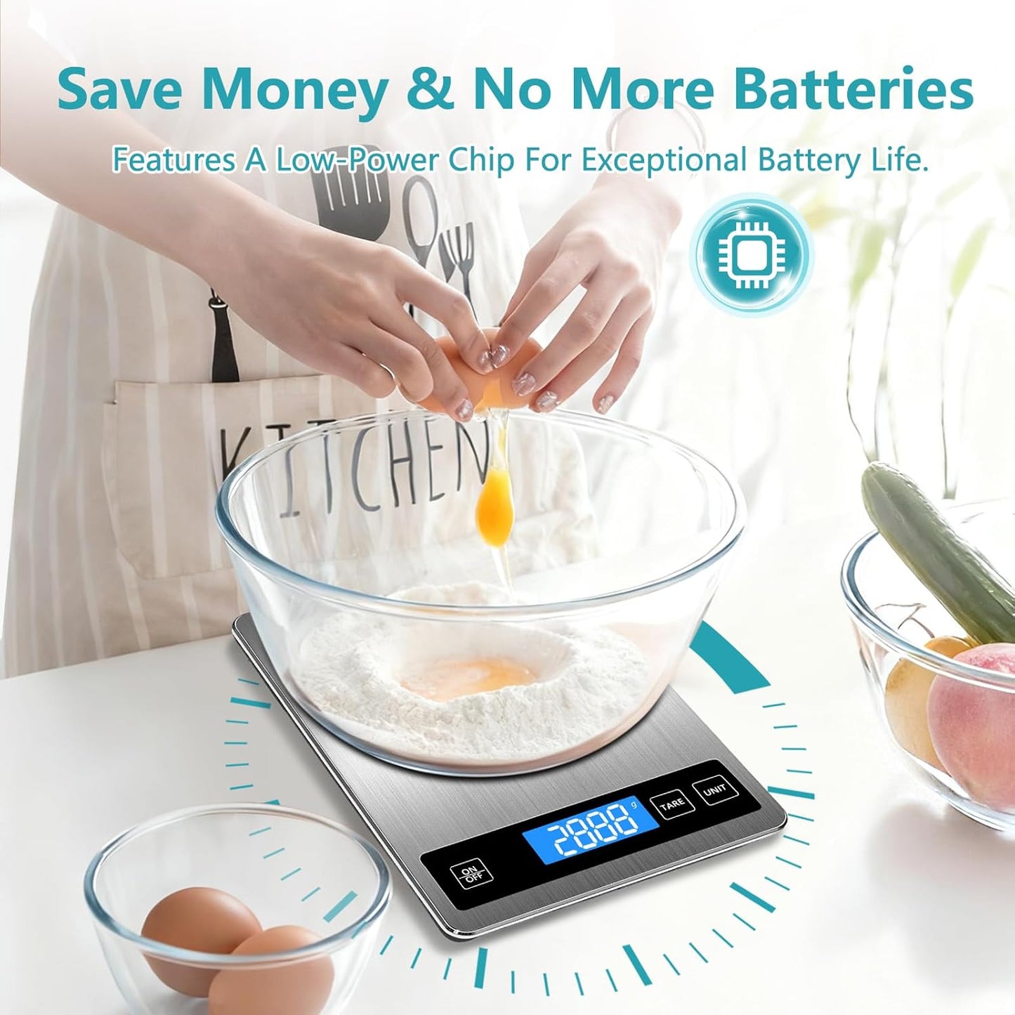 Food Kitchen Scale, Digital Food Scale 33lb Digital Kitchen Scale Precisely Measures Grams and Ounces for Meal Prep Baking and Cooking, Rechargeable 304 Stainless Steel Kitchen Scale LCD Display