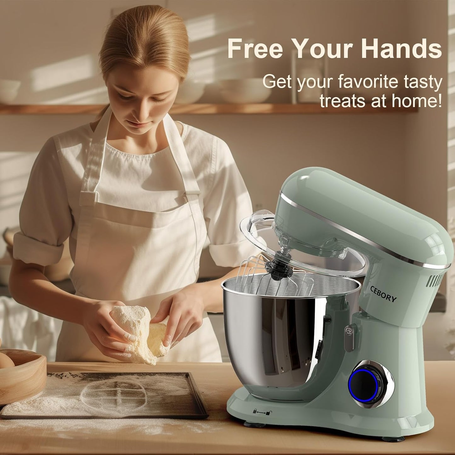 CEBORY 3-IN-1 Electric Stand Mixer, 6.5QT Bowl 660W 10-Speed Kitchen Mixer, Household Food Mixers include Dough Hook, Beater and Whisk, Bread Cake Mixer for Baking and Most Home Cooks, Pink