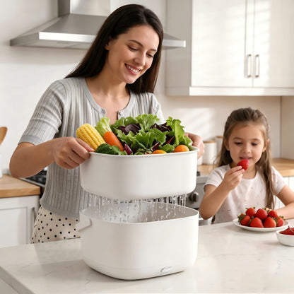 Ultrasonic Fruit Washer and Produce Cleaner Device - Countertop Fruit and Vegetable Washing Machine for Berry & Salad - Cordless Veggie Cleaner with 2-Tier Drain Basket Strainer