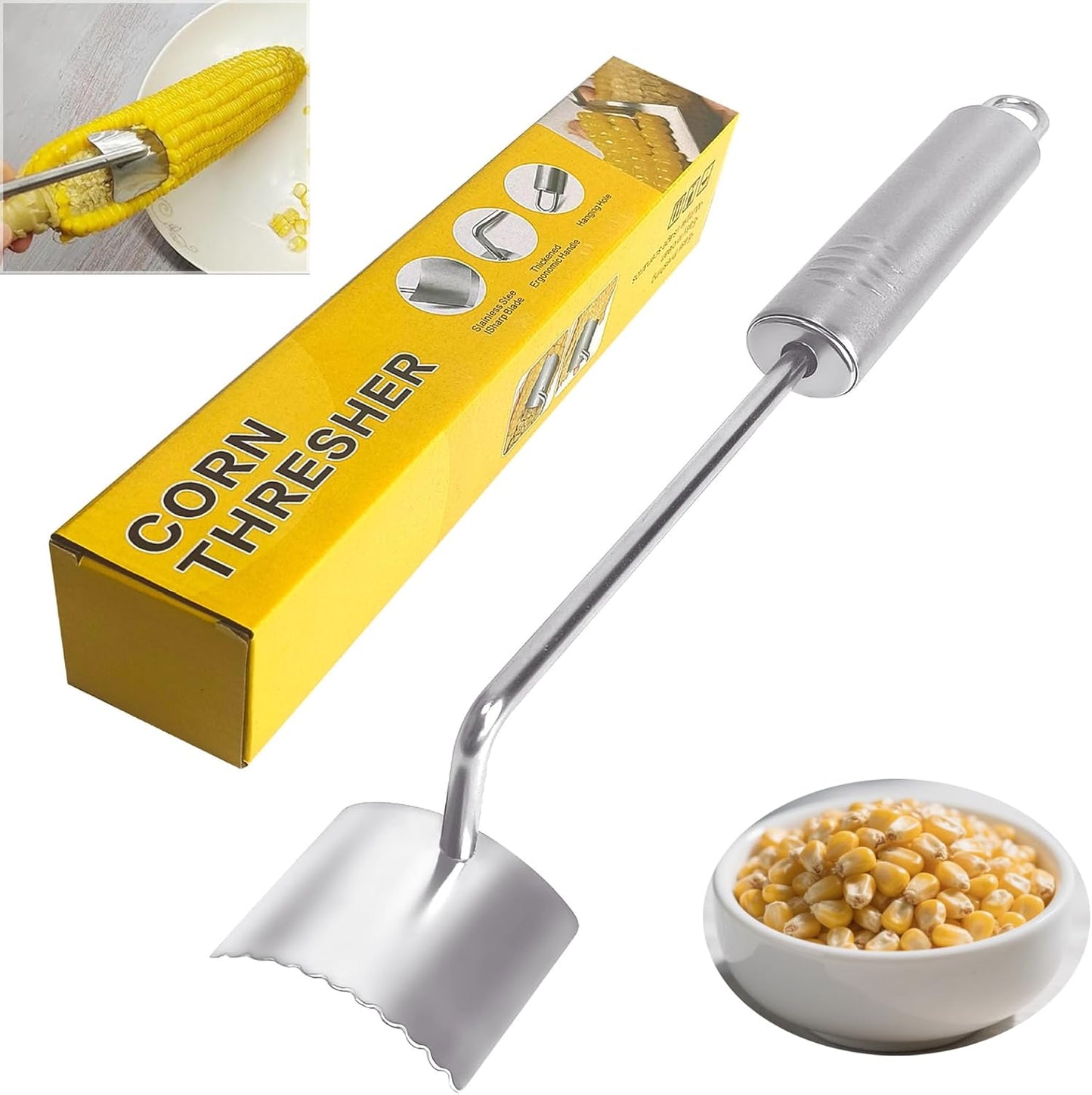 Corn Peeler For Corn On The Cob，2025 Upgrade Sawtooth Corn Cob Stripper Tool ，Ergonomic Design Ideal Tool For Long Handle Stainless Steel Corn On the Cob Stripper Tool (Silver, 1pack+1peeler)