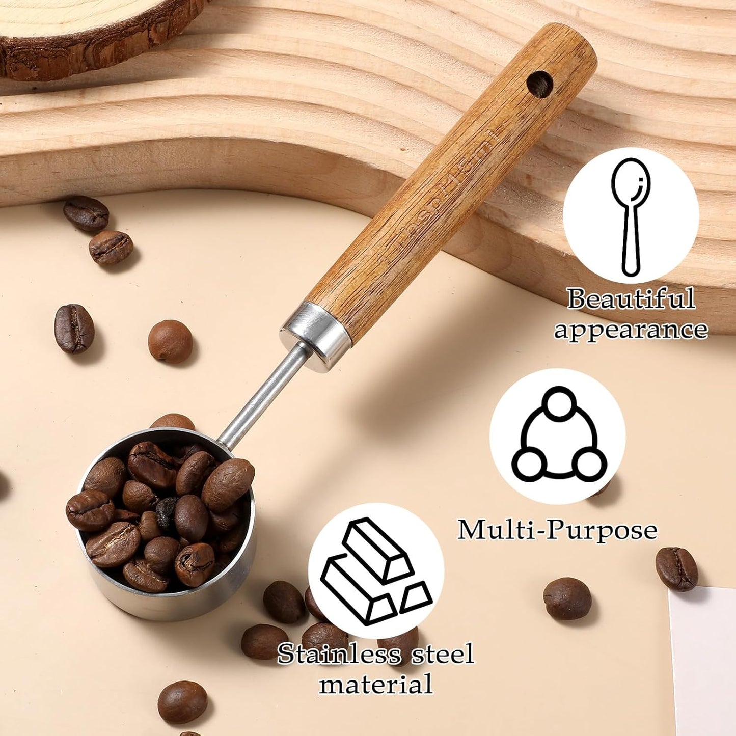 Coffee Measuring Scoop Spoon, 15ml Stainless Steel Wooden Coffee Spoon for Coffees, Tea, Ground, Cocoa & Kitchen Use