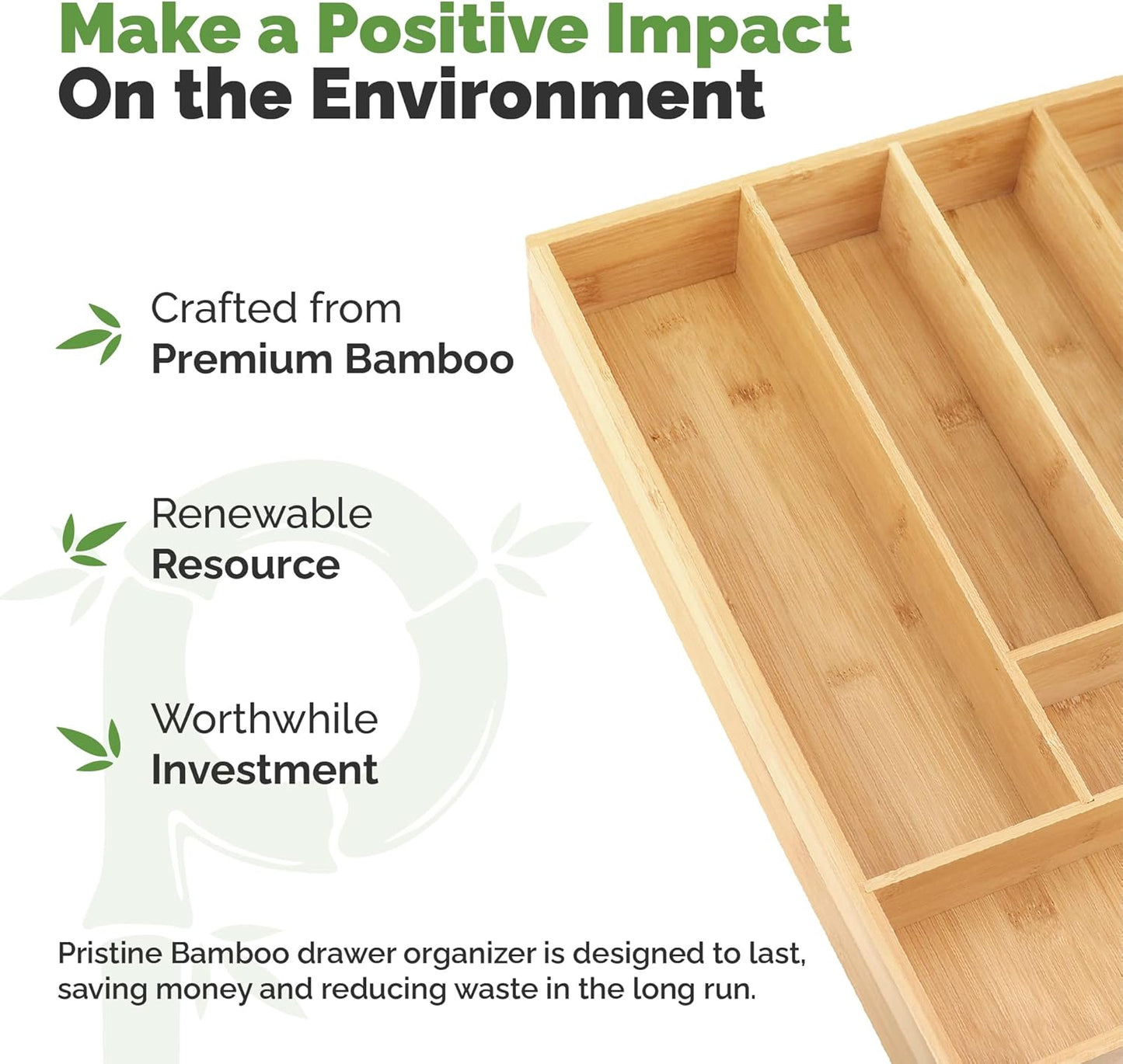 Pristine Bamboo Silverware Organizer - Small Extra-Deep Wooden Kitchen Drawer Organizer Divider for Spoons, Forks, Knives & Cutleries - 5 Slots