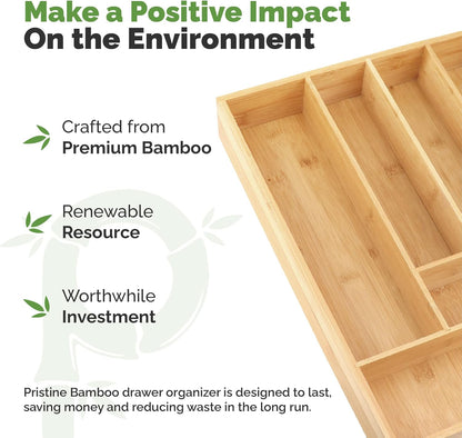 Pristine Bamboo Silverware Organizer - Small Extra-Deep Wooden Kitchen Drawer Organizer Divider for Spoons, Forks, Knives & Cutleries - 5 Slots