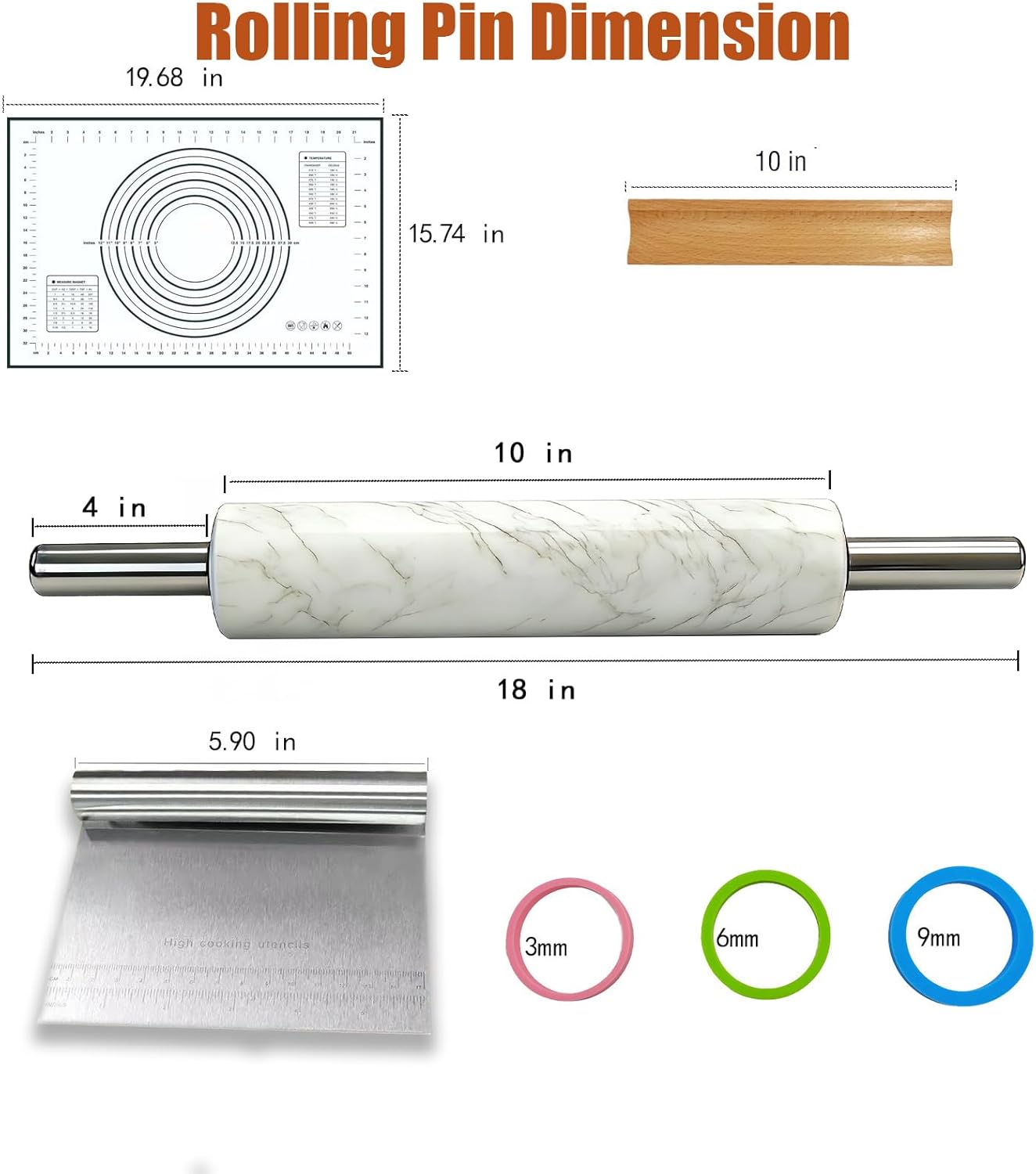 White Marble Rolling Pin with Stainless Steel Handles Baking Set - Silicone Baking Mat, Stainless Steel Dough Cutter, 3 Multicolor Thickness Guides & Wooden Base, Ideal for Pastry, Dough & Pizza