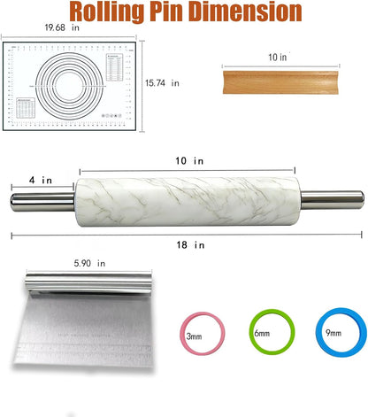 White Marble Rolling Pin with Stainless Steel Handles Baking Set - Silicone Baking Mat, Stainless Steel Dough Cutter, 3 Multicolor Thickness Guides & Wooden Base, Ideal for Pastry, Dough & Pizza