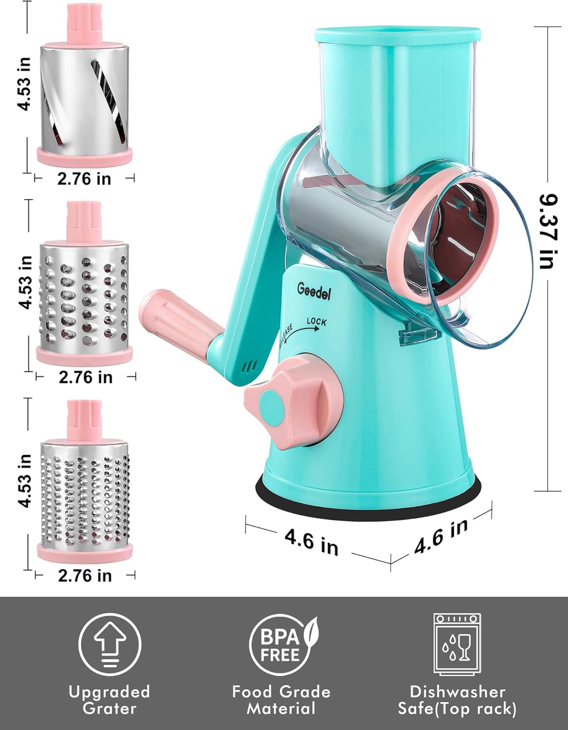 Geedel Rotary Cheese Grater, Kitchen Mandoline Vegetable Slicer with 3 Interchangeable Blades, Easy to Clean Grater for Fruit, Vegetables, Nuts