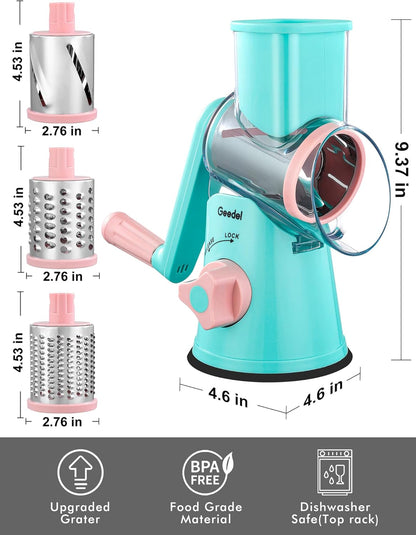 Geedel Rotary Cheese Grater, Kitchen Mandoline Vegetable Slicer with 3 Interchangeable Blades, Easy to Clean Grater for Fruit, Vegetables, Nuts
