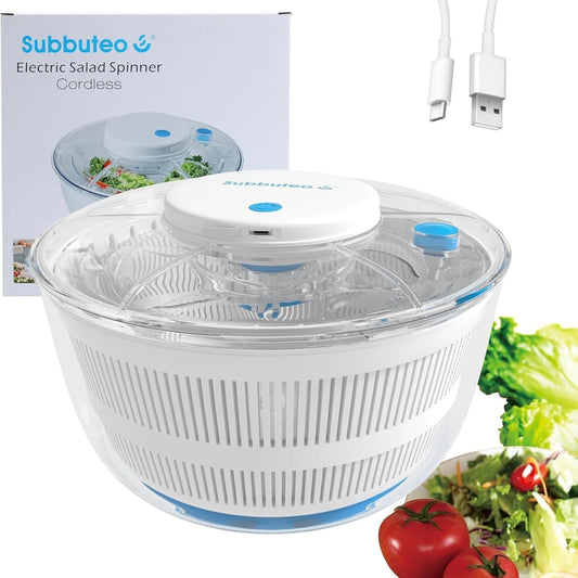 Subbuteo Electric Salad Spinner 4Qt – Rechargeable Lettuce Washer & Vegetable Dryer with 2+ Month Battery Life, Type-C, Detachable Parts, Spin Dry Kitchen Gadget for Greens Herbs Berries