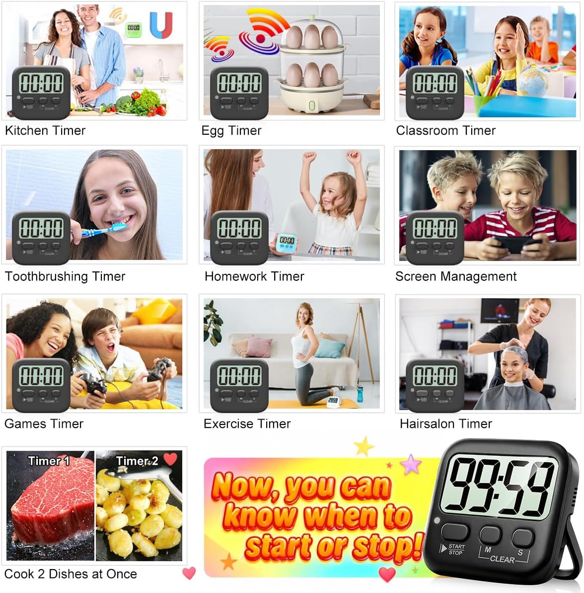 Antonki 2 Pack Digital Timer for Kids, Magnetic Countdown Kitchen Timers for Cooking, Egg, Classroom, Teacher, Exercise, Study, Oven - Battery Included