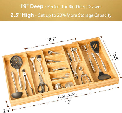 Umilife Large Expandable Kitchen Silverware Utensils Drawer Organizer, 2.5" Extra High Adjustable Drawer Divider with Curved Grooves, Bamboo Wood Cutlery Tray Flatware Holder