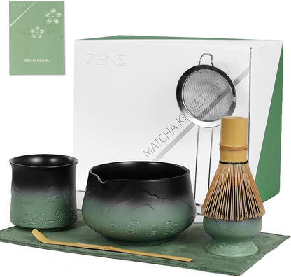 ZENS Pink Matcha Set, Matcha Whisk Set Includes 15oz Ceramic Bowl & (Chasen Holder), Bamboo Whisk & Scoop, Sifter and Pink Tea Towel, 6pcs Matcha Kit for Matcha Lovers