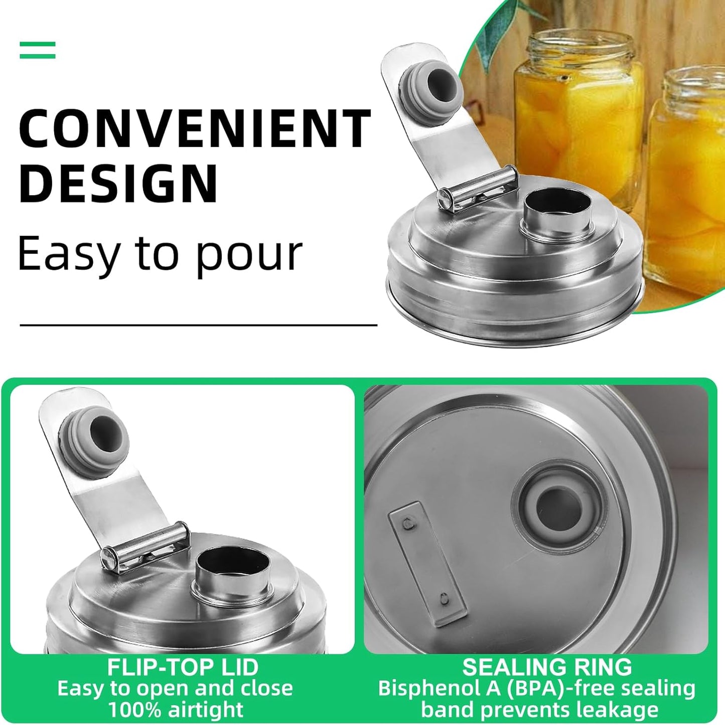 2 Pack Wide Mouth Mason Jar Stainless Steel Pour Spout Lid, Reusable Mason Jar Lids, for 86MM Ball Wide Mouth Mason Jars, Leak Proof Seal, for Drinking Salad Dressing & Food Storing