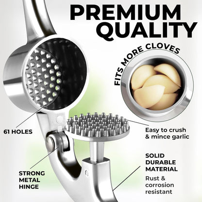 Zulay Kitchen Premium Garlic Press Set - Rust Proof Professional Garlic Mincer Tool - Easy-Squeeze, Easy-Clean with Soft, Ergonomic Handle - Silicone Garlic Peeler & Brush (Silver)