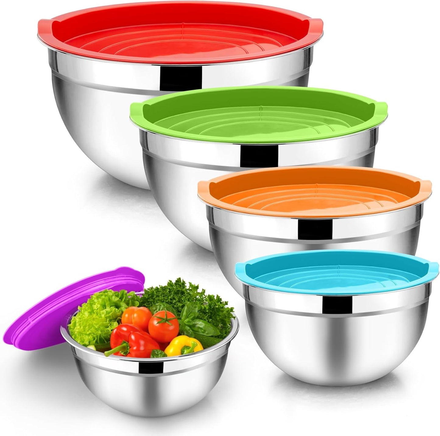 TeamFar Mixing Bowls with Lids, 5-Piece Stainless Steel Metal Nesting Salad Bowl for Mixing Prepping, Healthy & Heavy Duty, Airtight Lids & Dishwasher Safe, 4.5/3/1.5/1/0.7 QT-Khaki