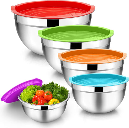 TeamFar Mixing Bowls with Lids, 5-Piece Stainless Steel Metal Nesting Salad Bowl for Mixing Prepping, Healthy & Heavy Duty, Airtight Lids & Dishwasher Safe, 4.5/3/1.5/1/0.7 QT-Khaki